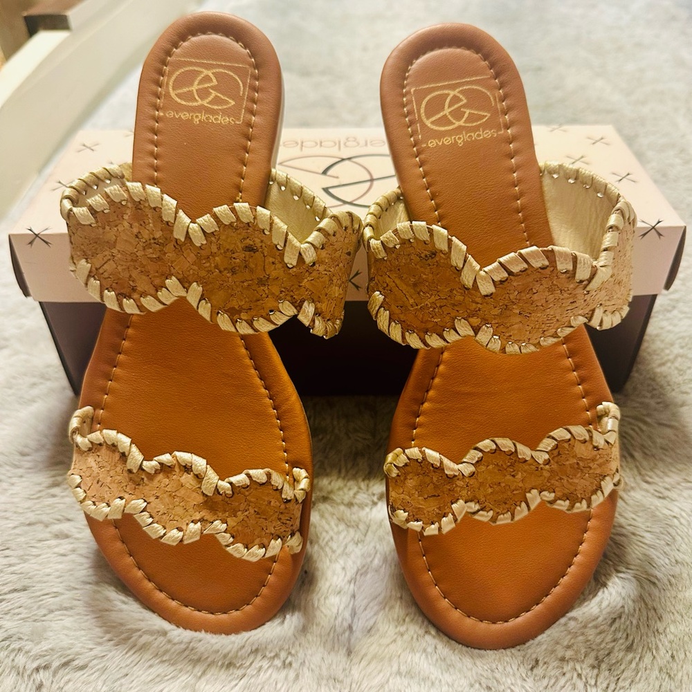 Tan and Cream Beaded Sandals with Ornate Design